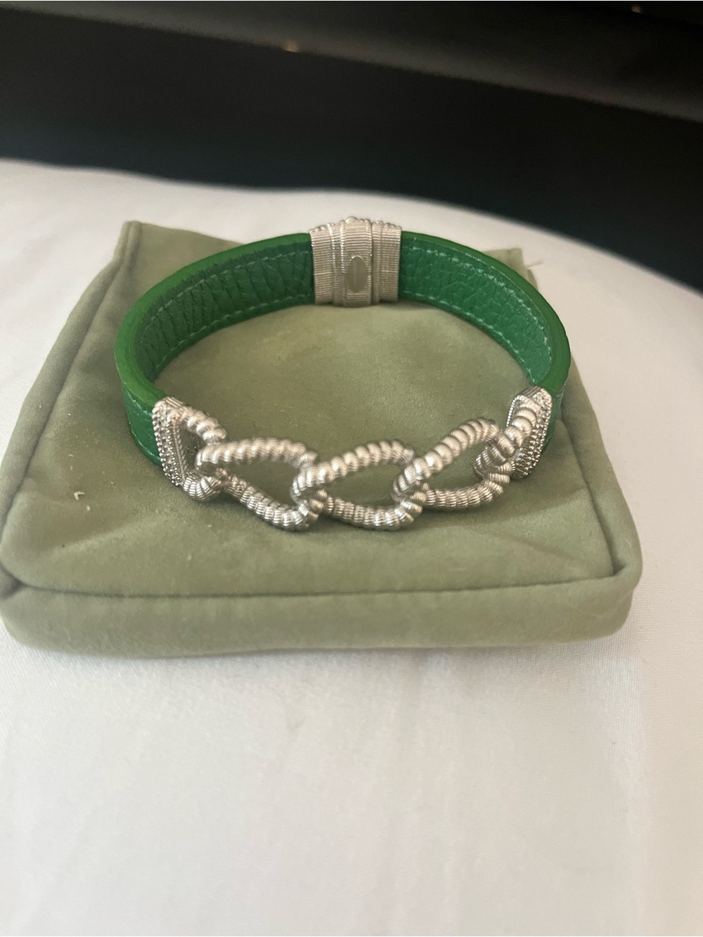 Judith Ripka Green Leather Bracelet with Silver Rope Chain Accent